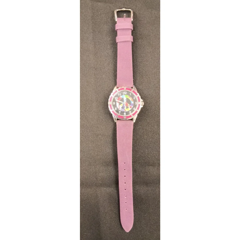 Accutime Silver/Pink Round Peace Sign Black Face Purple Unisex Watch Band #W5175